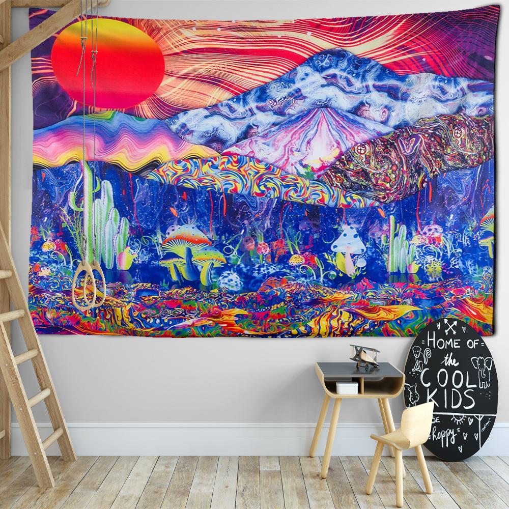 Psychedelická kaktusová tapiserie nástěnná závěsná tropická deštná krajina čarodějnictví abstraktní dekorace do ložnice domova