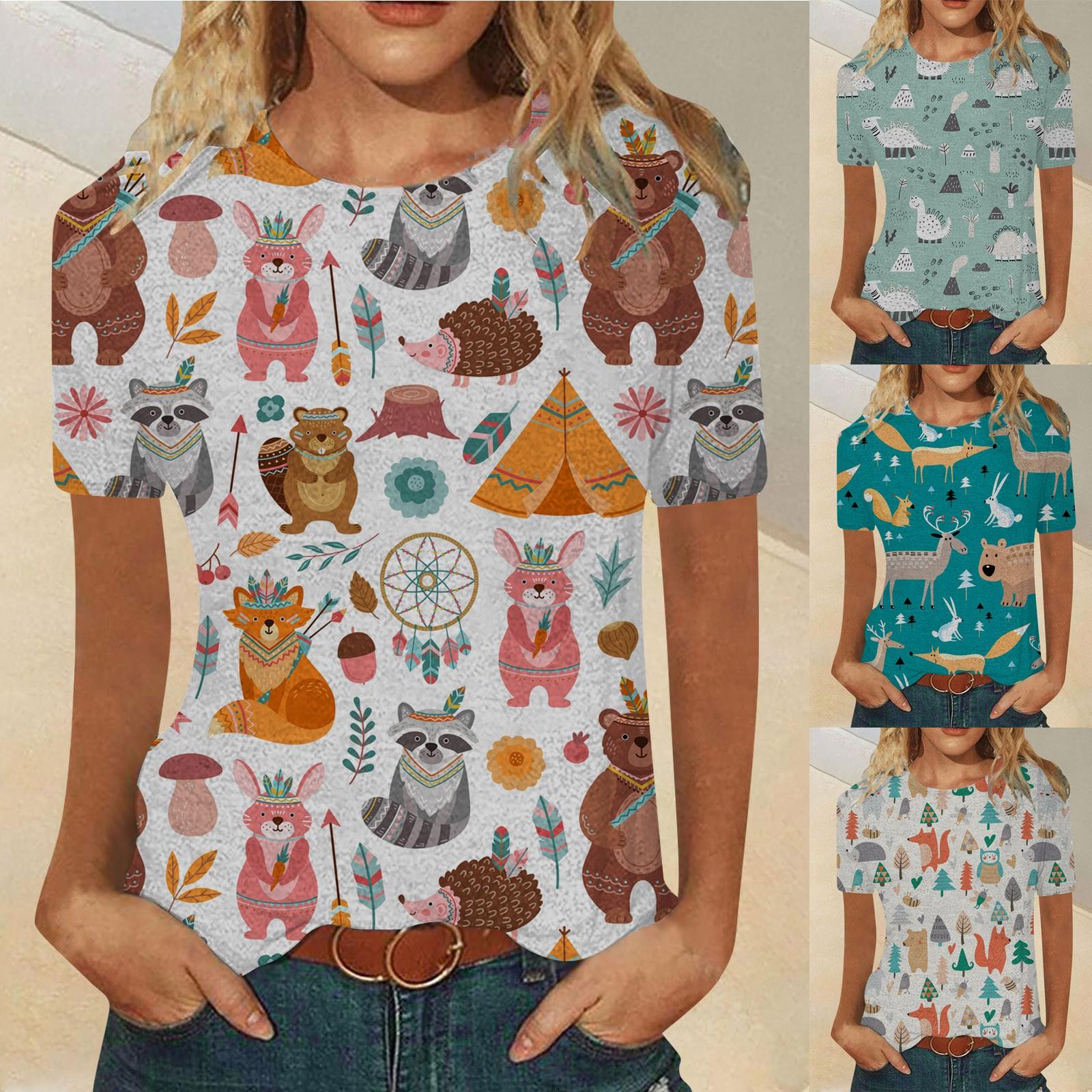 

Женская модная повседневная удобная блузка с круглым вырезом и коротким рукавом с принтом