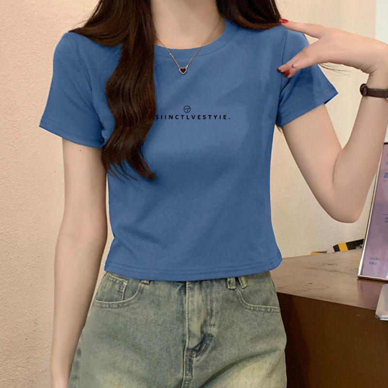 

Fashion Ins Trendy Short Tops T-shirt Women s Summer Cotton New Design Sense Niche Style Sexy Short Sleeve Casual Silm Blue [thin letter-Black]] L(116-125])
