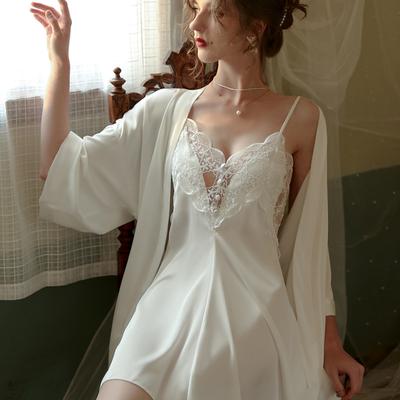 Pajamas Spring and Autumn Women's New Pure Desire Wind Ice Silk Suspender Nightgown Set Sexy Pajamas Women's Summer