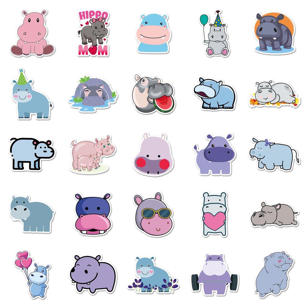 50 Cute Waterproof Hippo Cartoon Animal Stickers for Stationery and Notebooks