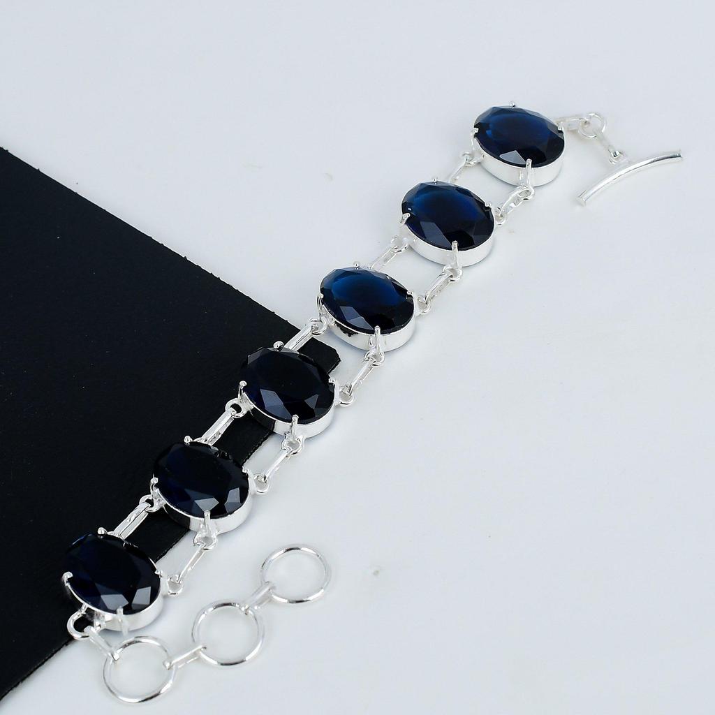 Dainty Blue Sapphire Gemstone Handmade 925 Sterling Silver Bracelet, Blue Sapphire Bracelet For Wife , Unisex Bracelet Father's Day Gift