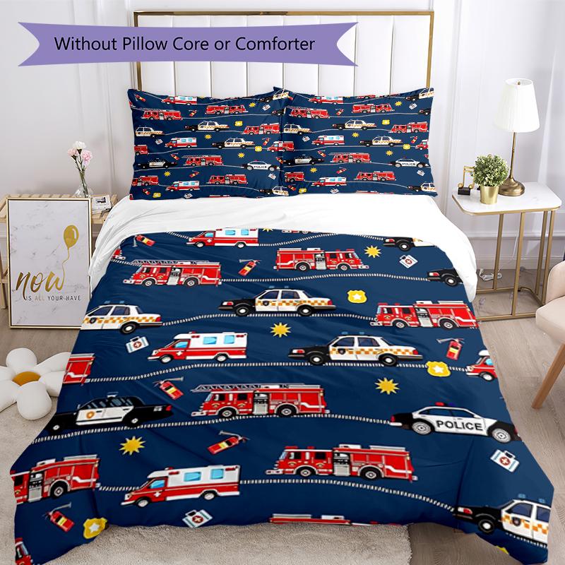 3pcs fire truck Bedding Set Duvet Cover Closure Includes 1 Duvet Cover & 2 Pillowcases, Soft and Comfortable for All Seasons.