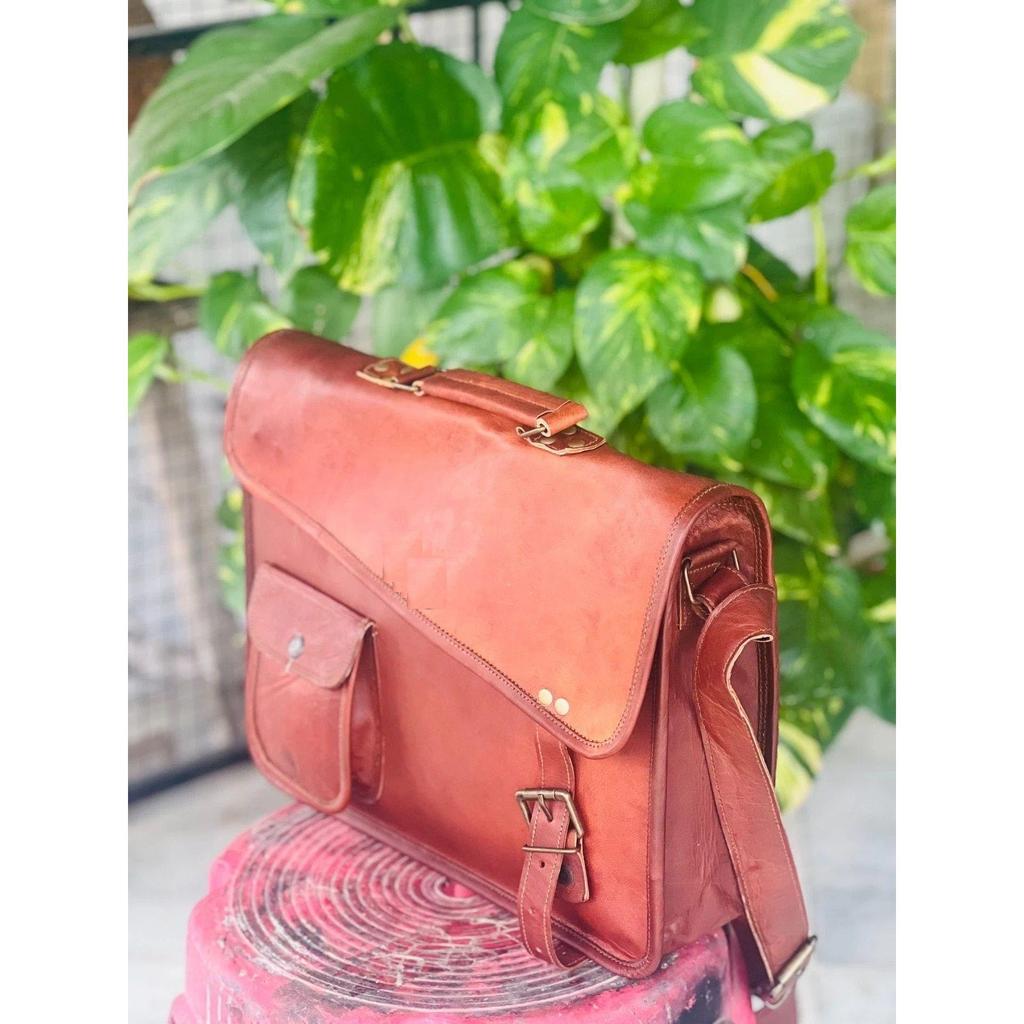 Bolsa Mensageiro para Laptop de Couro Genuíno Marrom Vintage e Bolsa de Ombro Masculina