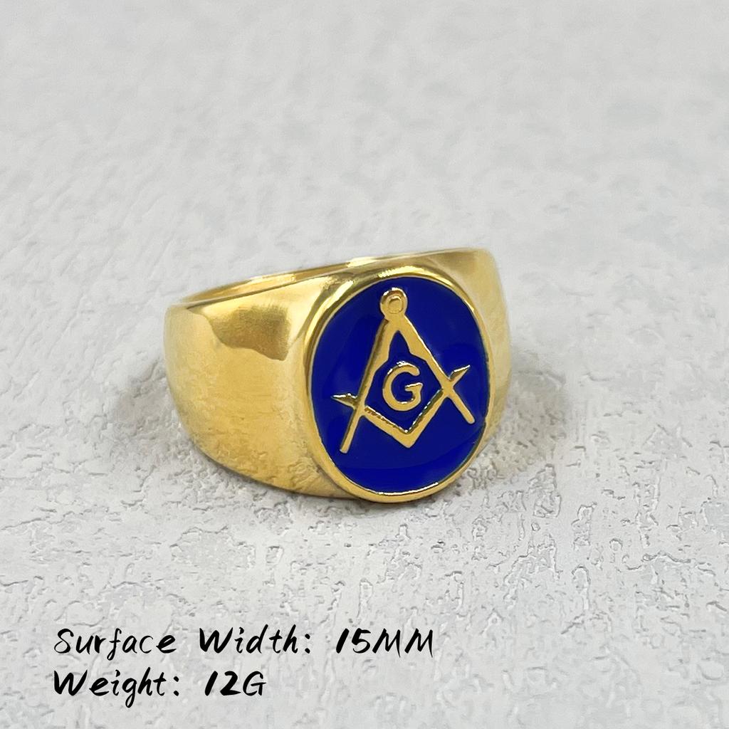 Blue AG Stainless Steel Ring Men Vintage Gold Color Male Hiphop Rock Man Rings Retro Free Mason Freemasonry Masonic Punk