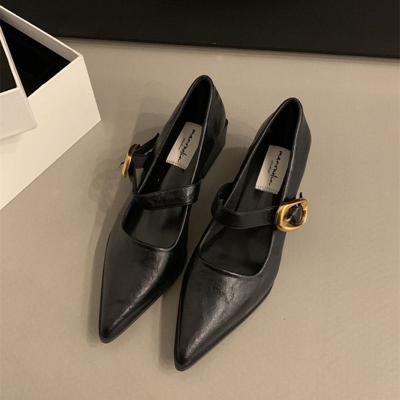 Pointed single shoes women's spring and autumn thick heel soft leather with Mary Jane shoes new versatile black high heels
