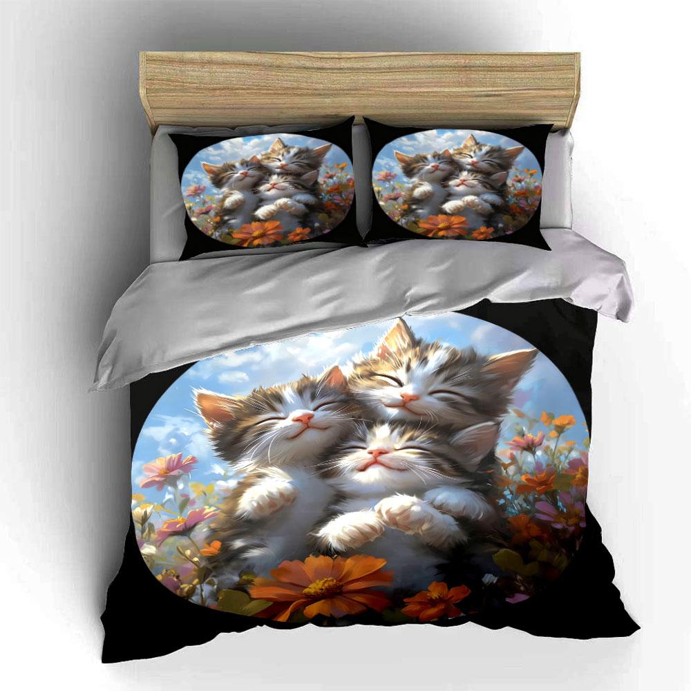 Cat Trio Decorative Set Soft Comfortable Duvet Cover Bedding Set Included 1*Duvet Cover & 2*Pillowcases, Gift