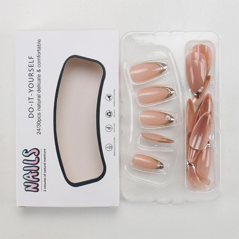 Luxurious Gold French Almond ABS Nail Stickers, Stylish Pearl False Nails, Reusable, Factory Stock.