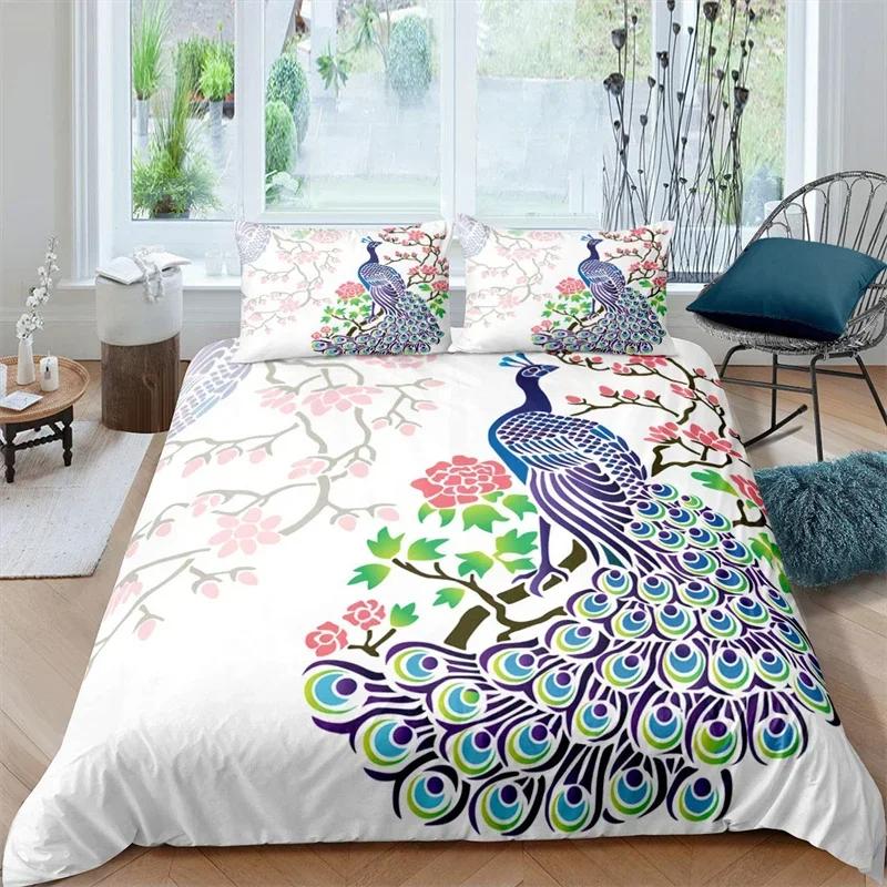 Kinder Pfau Bettbezug Set Einzel Queen Vögel Feder Muster Steppdeckenbezug Zweig Blumen Bettwäsche Set Mikrofaser Tagesdeckenbezug