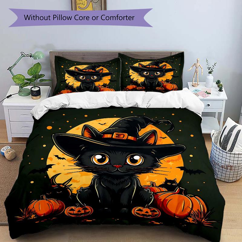 

3pcs Wizard Hat and Black Cat Quilt Set - Soft and Comfortable Bedroom, Guest Room and Dorm Decor Bedding Set 1 Quilt Cover + 2 Pillowcases. 135cm*200cm