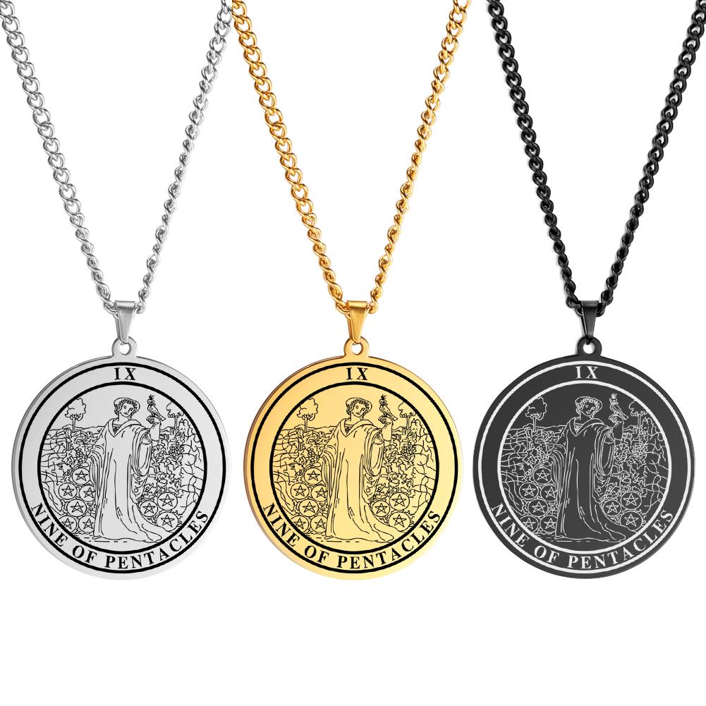 LIKGREAT Spiritual Tarot Necklace for Men and Women Pentacles Pendants Necklaces Vintage Round Stainless Steel Jewelry Gift
