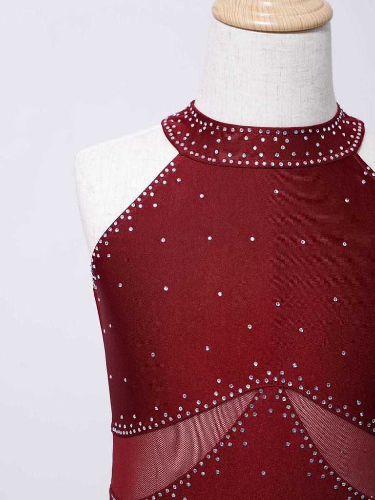 Kids Girls Glittery Rhinestones Fringed Leotard Sheer Mesh Patchwork Keyhole Back Tassel Bodysuit