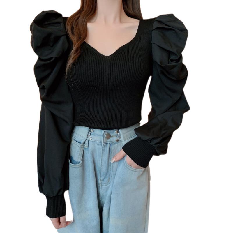 2025 Spring French Collarbone Square Neck Puff Sleeve Cropped Top