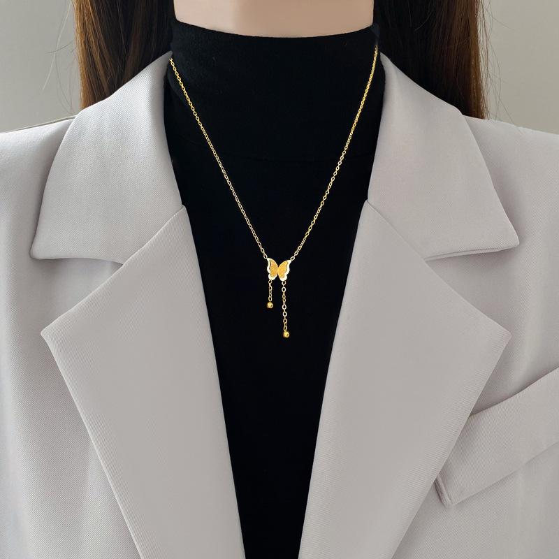 Butterfly Tassel Minimalist Furnace Real Gold Necklace Female Collarbone Chain Accessories