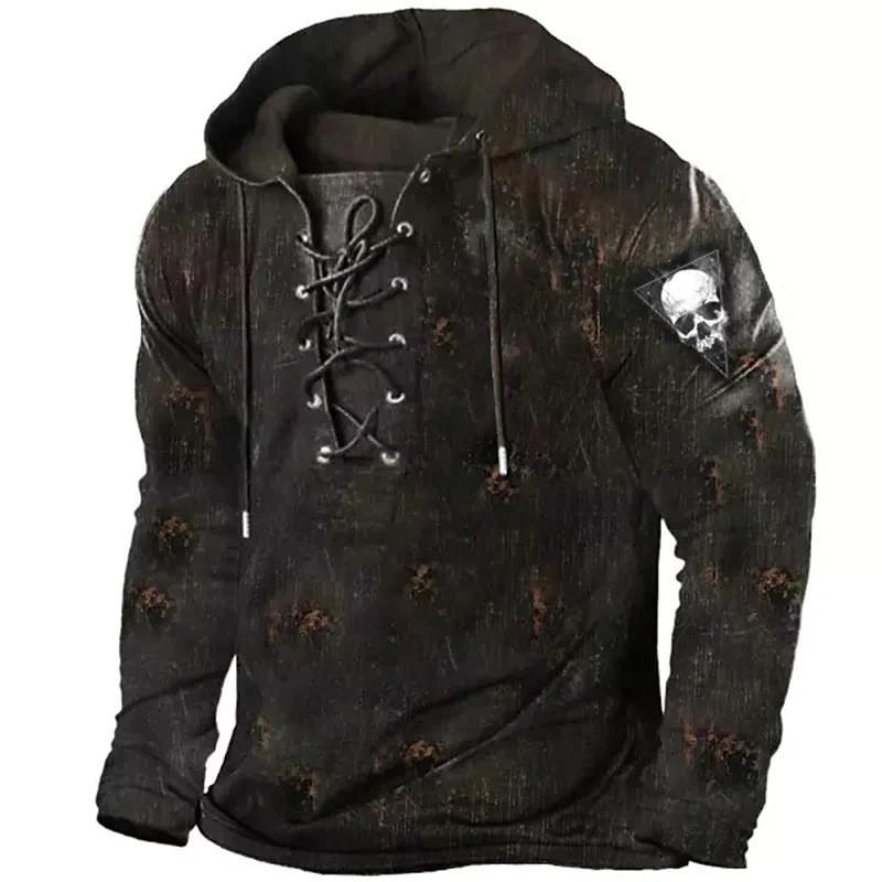 Size Men's Outdoor Retro Lace-up Long-sleeved Hoodie Autumn and Winter Casual Lace-up Sweatshirt For