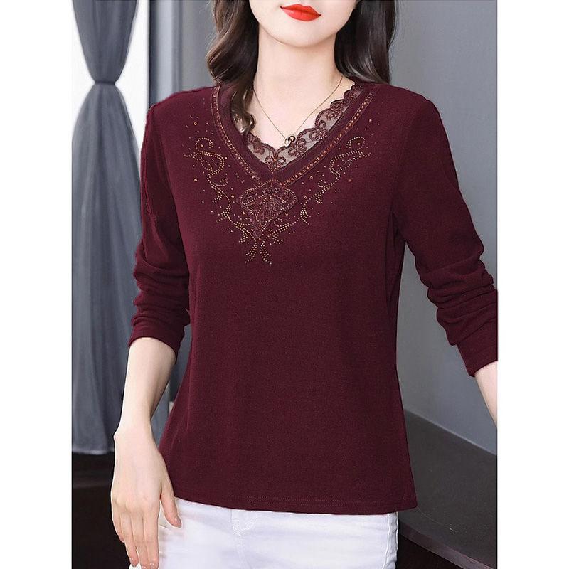 Damenbekleidung Herbst Winter Stilvolle Strassspitze Patchwork Dicke Basic T-Shirts Damen Einfarbig V-Ausschnitt Langarm Locker Oberteile