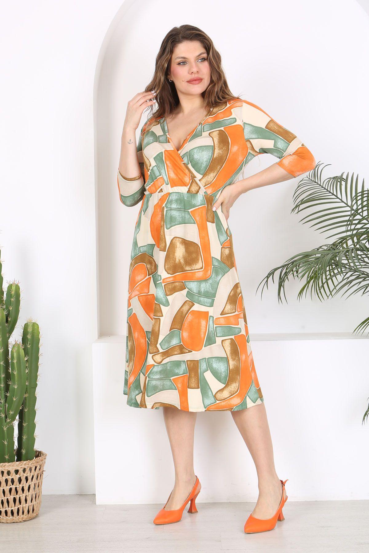 

Women s Big Size Dress Orange Green Geometric Pattern Double Breasted Collar Flexible Waist Plus Size Dress 5XL/6XL