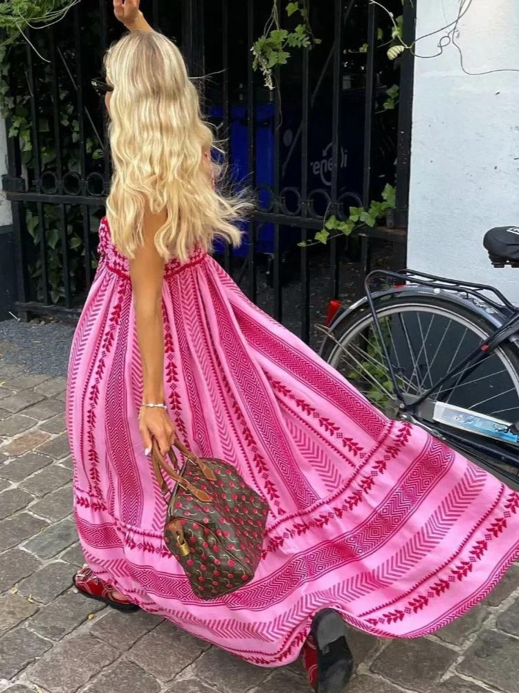 Summer Elegant Loose Sleeveless Sling Dress Women Designer Vintage Natural Off Shoulder Print Dresses Female Fashion Casual Thin Knit Clothing