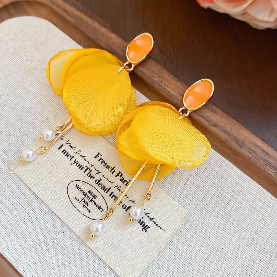 Silver Needle Fabric Flower Glass Fringed Earrings Medium Antique Temperament Stud Earrings Design Sense Niche Earrings