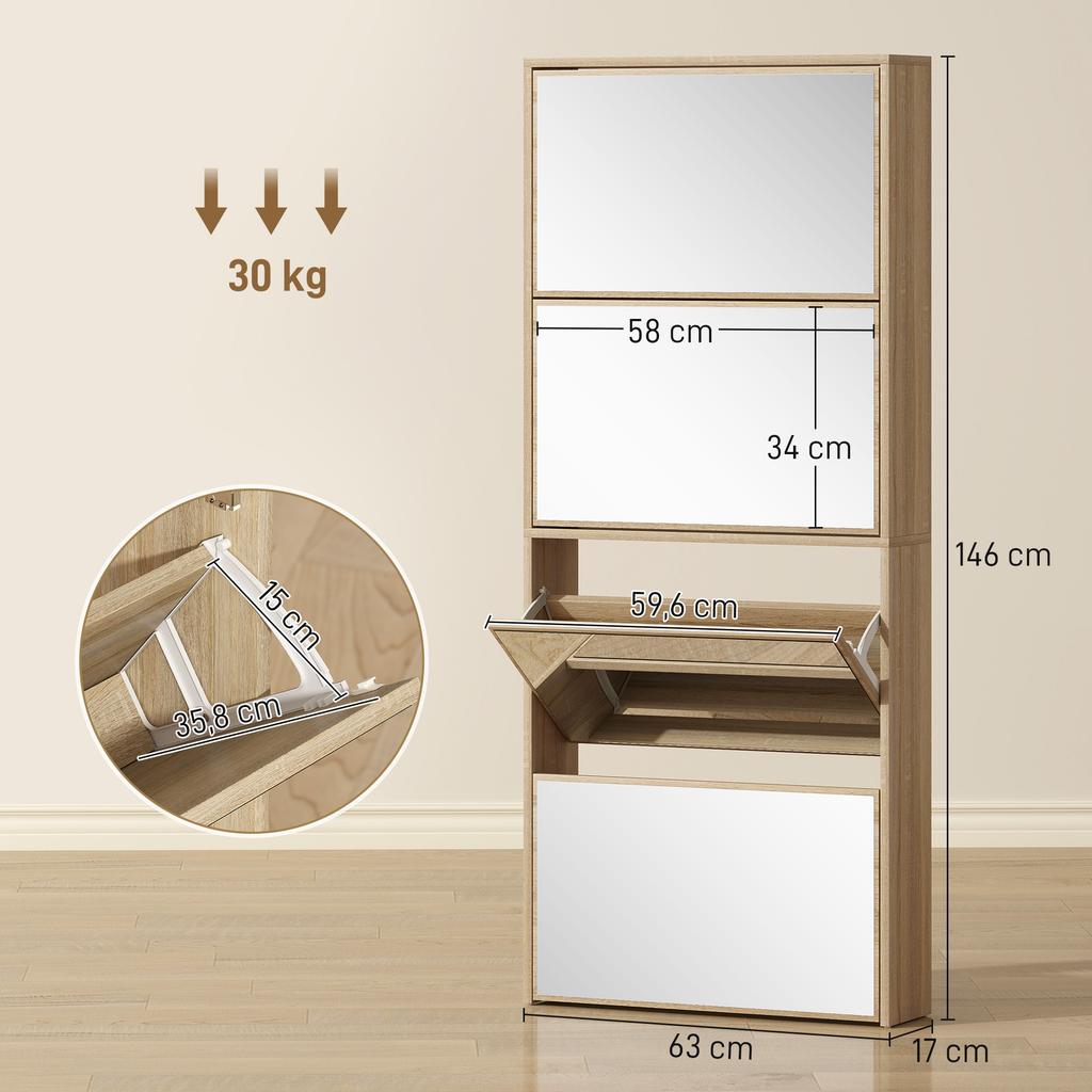 Schmaler Schuhschrank mit Spiegel und 4 Klapptüren für 12 Paar Schuhe 63x17x146 cm Natur
