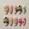 24PCS Green Cute Apple Almond Press On Nails Sweet Pink Plaid Polka Dots Fake Nails for Women with Little Bug Design False Nails