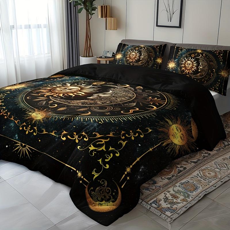 3Pcs Bedding Set - Elegant & Golden Sun/Moon/Planets Print Duvet Cover With 2 Pillowcases, All-Season For Queen/King Size Beds
