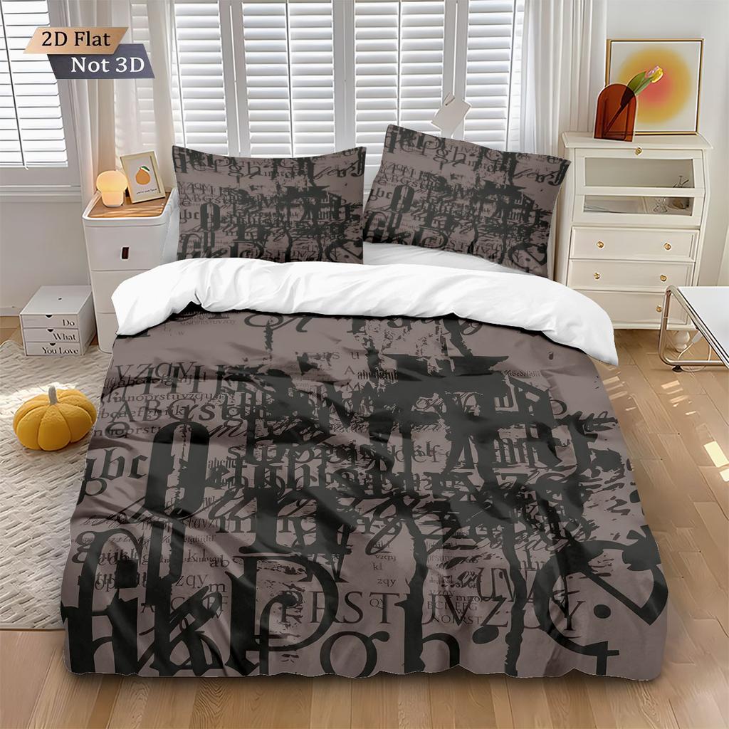 3pcs English Letter Garbled Printed Coreless Down Duvet Cover Set Comfortable Bedroom Bedding Decoration Machine Washable