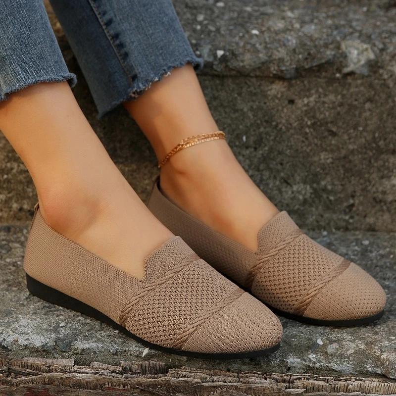 Fashion New Solid Color Knitted Womens Casual Shoes Soft Sole Anti-Slip Flat Women's Shoes Fashion Slip-On Womens Round Toe Loafers