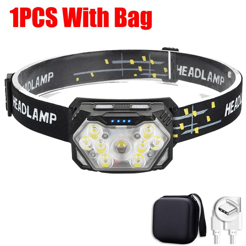 9 Led Powerful Sensor Headlamp USB Rechageable Head Flashlight 6 Modes LED Headlight Camping Lantern Hiking Fishing Head Torch