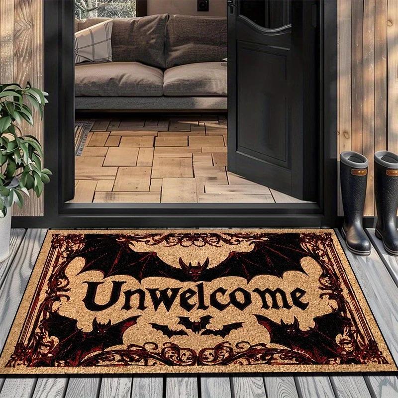 Dark Humor Unwelcome Bat Door Mat Gothic Decor Non-Slip PVC Lining Coir Door Mat Ideal for Halloween Porch Home Decoration