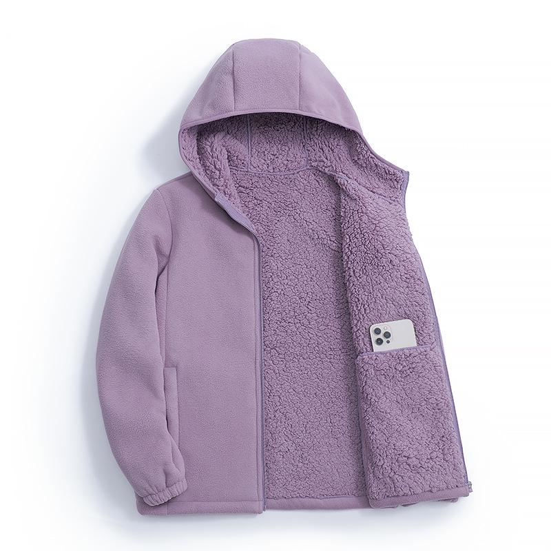 Women's Double-Sided Fleece Sherpa Hooded Windproof Velvet Jacket for Autumn and Winter