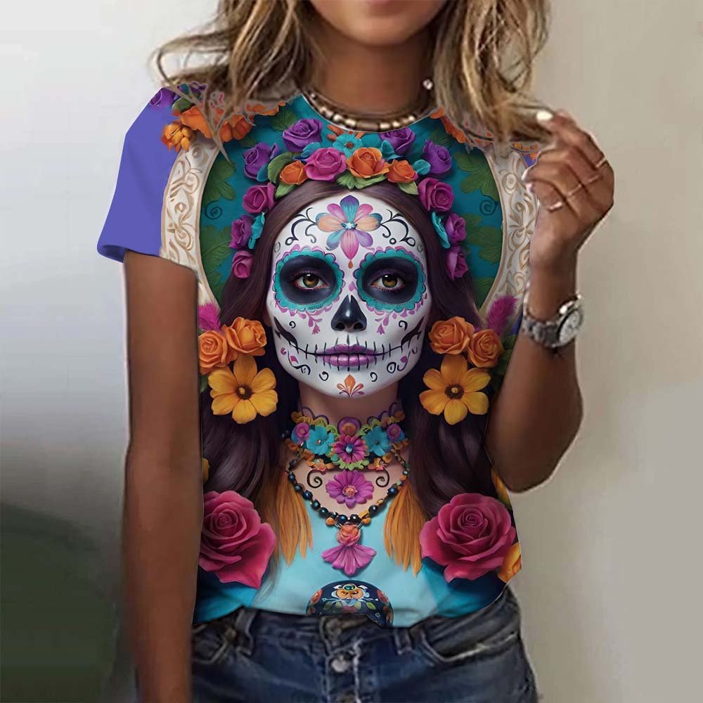 Fashion Women's T-shirt for Girls Summer Short Sleeve Casual Sexy Girls Clothes Horror Undead Skull Pattern Oversized T-shirts