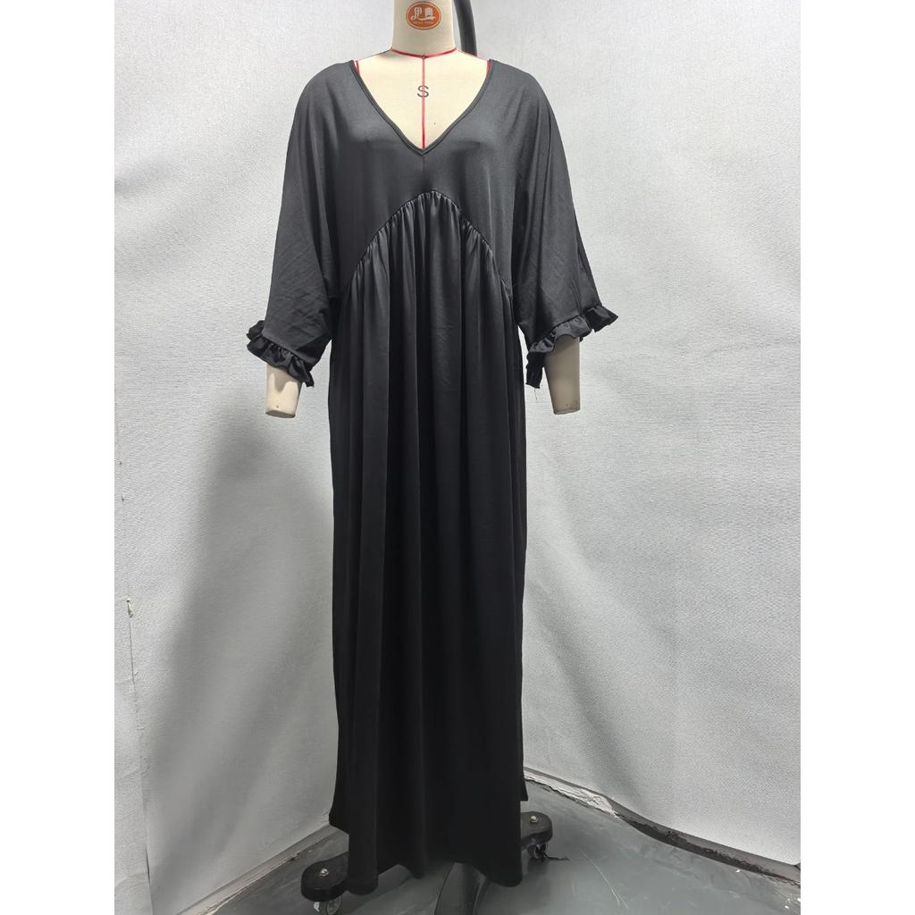 Summer Women's Fashion Casual Satin Ruffle Sleeve Ruched Long Maxi Dress for European American