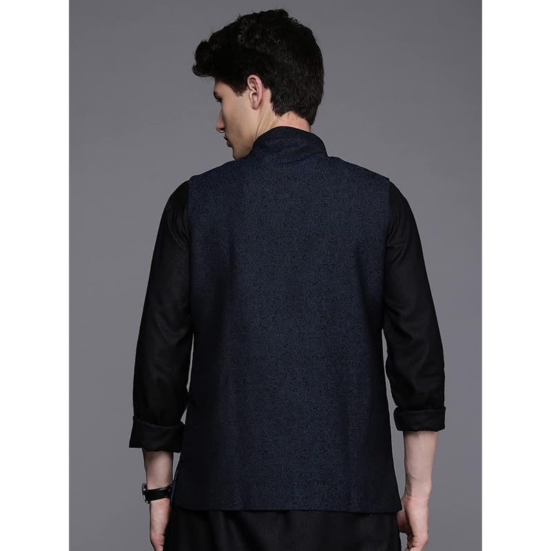 

Manyavar Mens Jacket, Nehru Jacket for Men, Ethnic Jacket for Festival, Wedding, Party, Sleevless Jacket Blended Rayon ( L синий