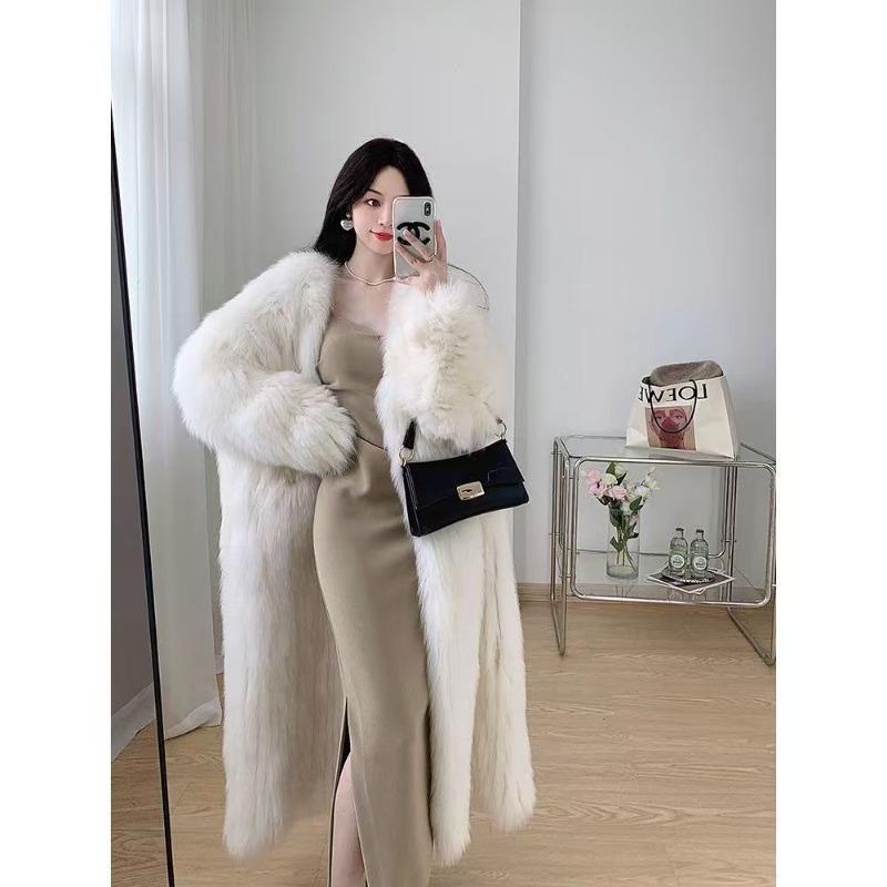 

Imitation fox fur coat women s autumn and winter wear long and light temperament wool coat L белый