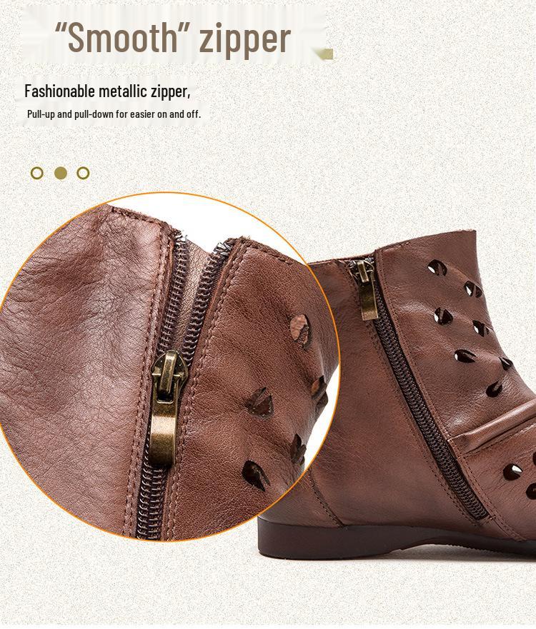 Shanghai Jiezhou 2024 Sandales Bottes Hautes Découpes Rétro en Cuir de Vachette - Chaussures Décontractées Confortables Polyvalentes pour Femmes