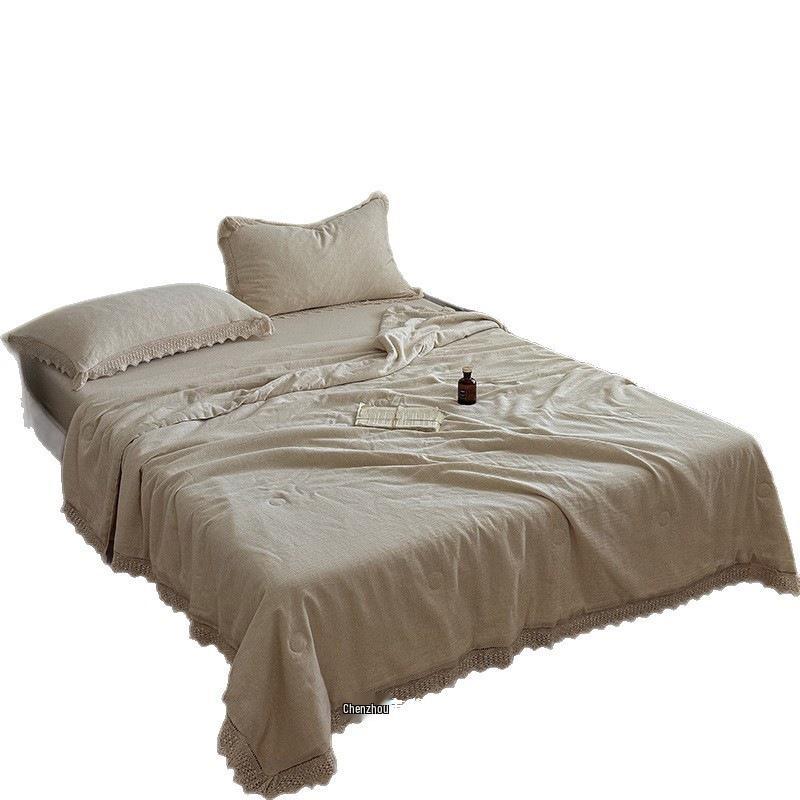 French Retro Cotton Linen Summer Quilt Set with Lace Trim - 4 Piece Girls' Elegant Cool Quilt Set