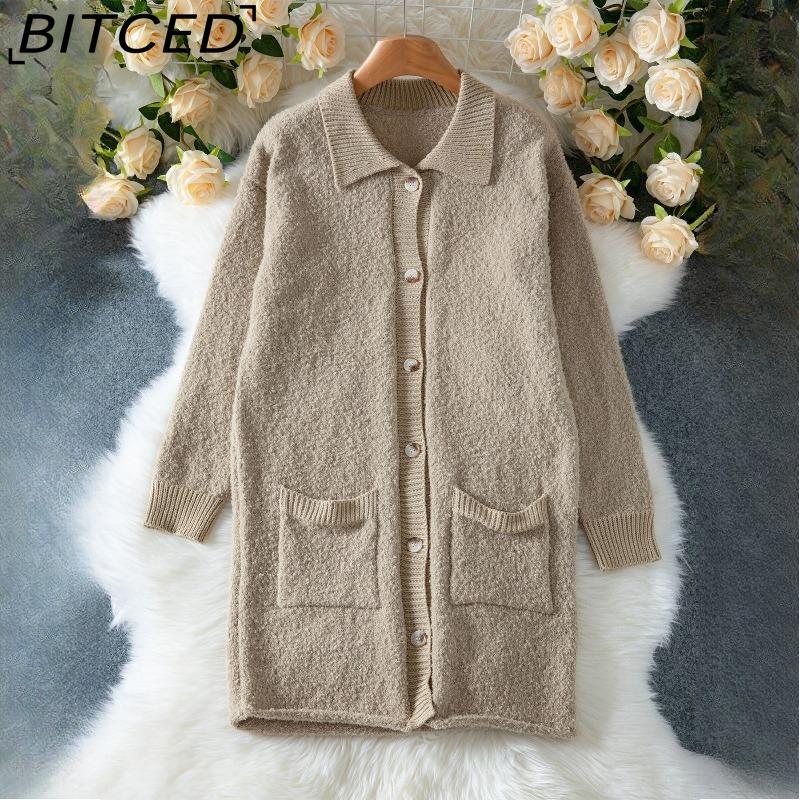 

BITCED Fall/Winter Relaxed-Fit Drop-Shoulder Knit Cardigan for Women Versatile Mid-Length Open-Front Sweater XL хаки