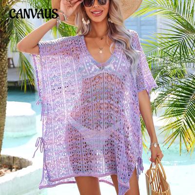 Summer Women's Loose Beach Shirt Splicing Hollow Out Knit Shirt Plus Size Bikini Cover-ups