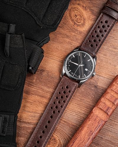 [hemsut H] Genuine Leather Watch Band, Perforated Design, Soft and Flexible, Italian Vegetable Tanned Leather Quick Release Band