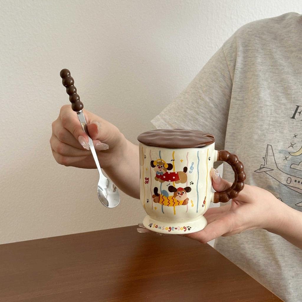 Cute Dachshund Dog Ceramic Mug with Lid Spoon Household Water for Breakfast Coffee Milk Cup Practical Birthday Gift