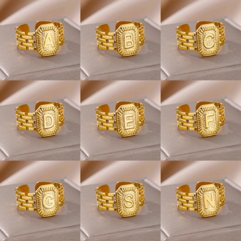 Titanium Steel Simple and Fashionable English Letter Ring Versatile Gold Chain Opening Adjustable Ring Women