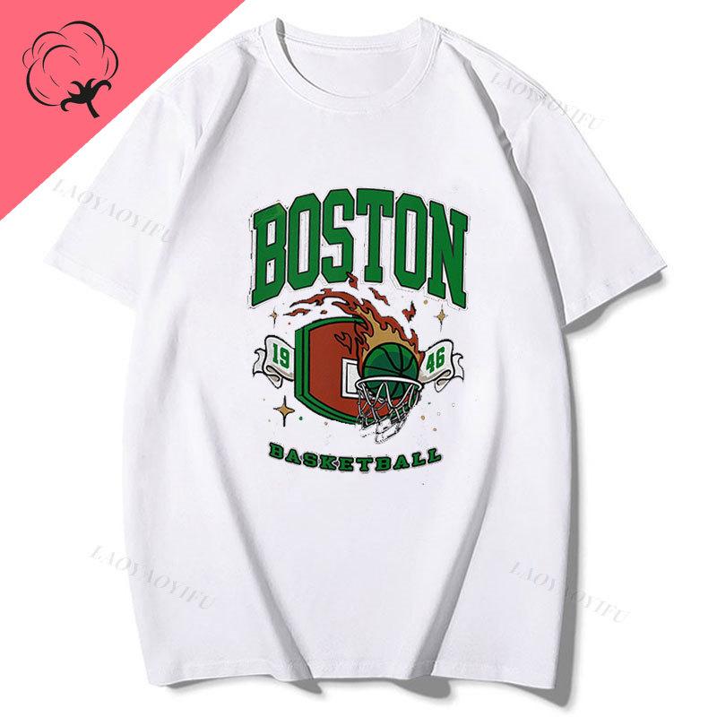 Camiseta Hombre Vintage Style Casual Loose Short Sleeve Boston Basketball Tshirt Cotton Graphic T Shirts Streeweat Clothes