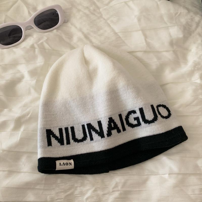Letter White Knitted Wool Hat Women's Autumn and Winter Versatile Big Head Circumference Bag Head Cold Hat Showing Face Small Pile Hat
