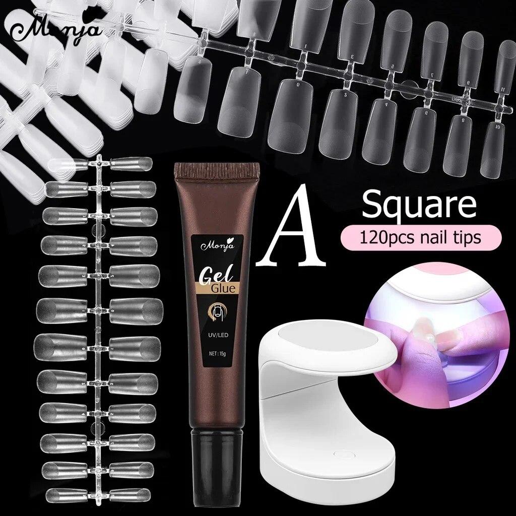 monja Kit di estensione per unghie in acrilico da 3 pezzi, lampada essiccante a LED da 6 W, colla per gel UV da 15 g, adesivo per punte finte a mandorla, quadrate opache e lunghe