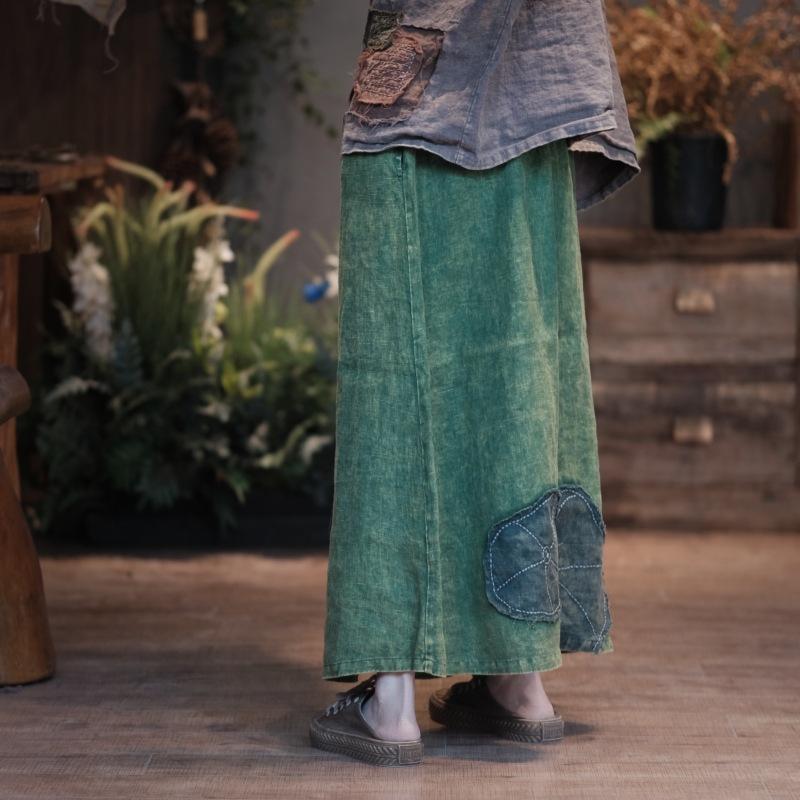 Johnature Vintage Women Patchwork Skirts Elastic Waist Green Autumn High Quality Female A-Line Skirts