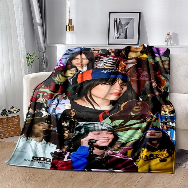 Fashion Billie Eilish Singer Star Flannel Blanket Soft Warm Throw Blanket for Bedroom Living Room Bed Travel Camping Picnic Gift