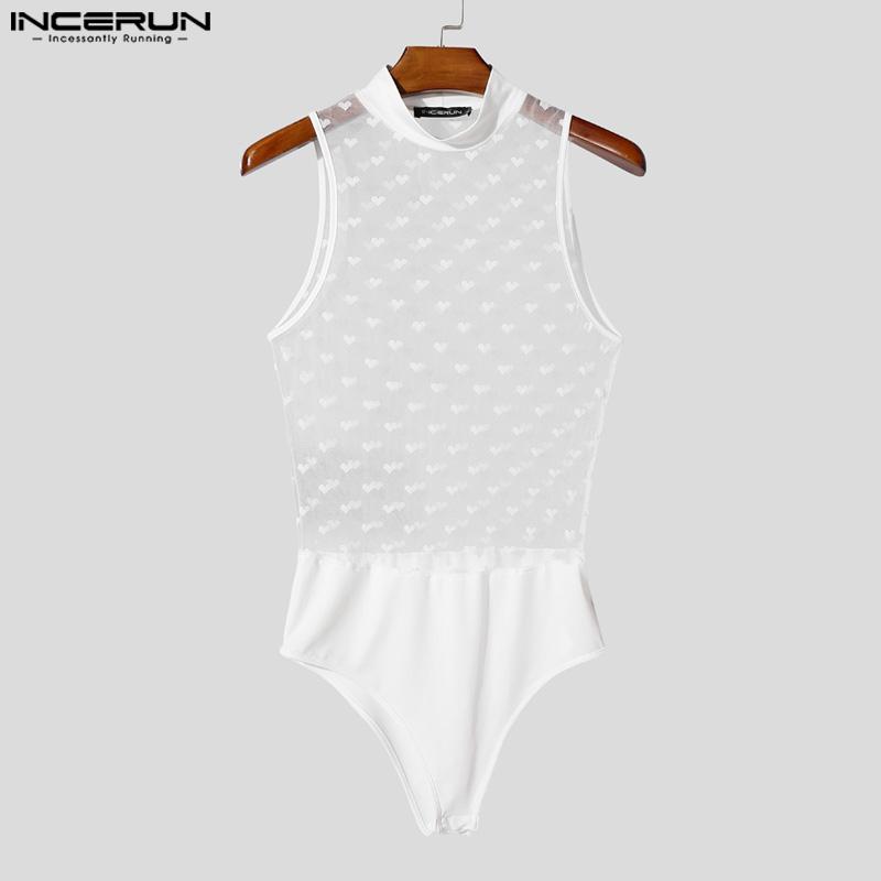INCERUN Men's Stitching Color Sleeveless Dots Mesh Sheer Underwear Jumpsuits