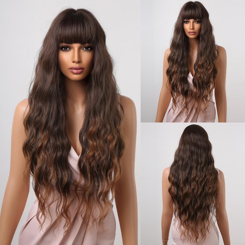 Synthetic Long Curly Highlight Wigs With Bangs Mixed Chocolate Brown Golden Blonde Hair Wigs for Black Women Afro Heat Resistant
