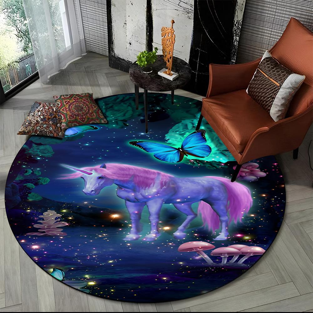 Unicorn Cartoon Animal Round Carpet Rug for Living Room Children's Bedroom Sofa Decor,Kid Paly Game Area Rug Non-slip Floor Mat